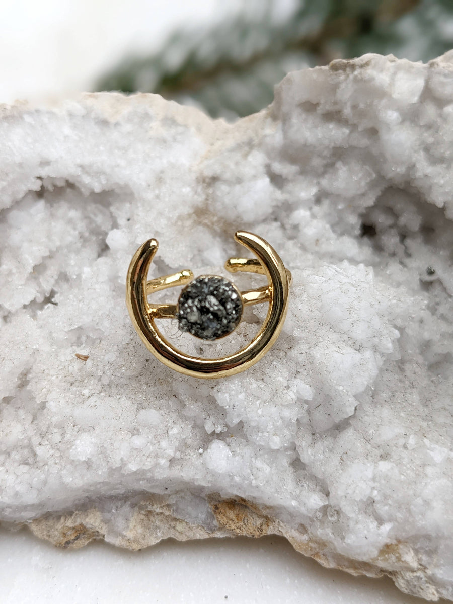 Crescent Moon Pyrite Adjustable Ring