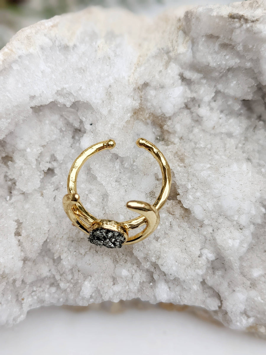Crescent Moon Pyrite Adjustable Ring