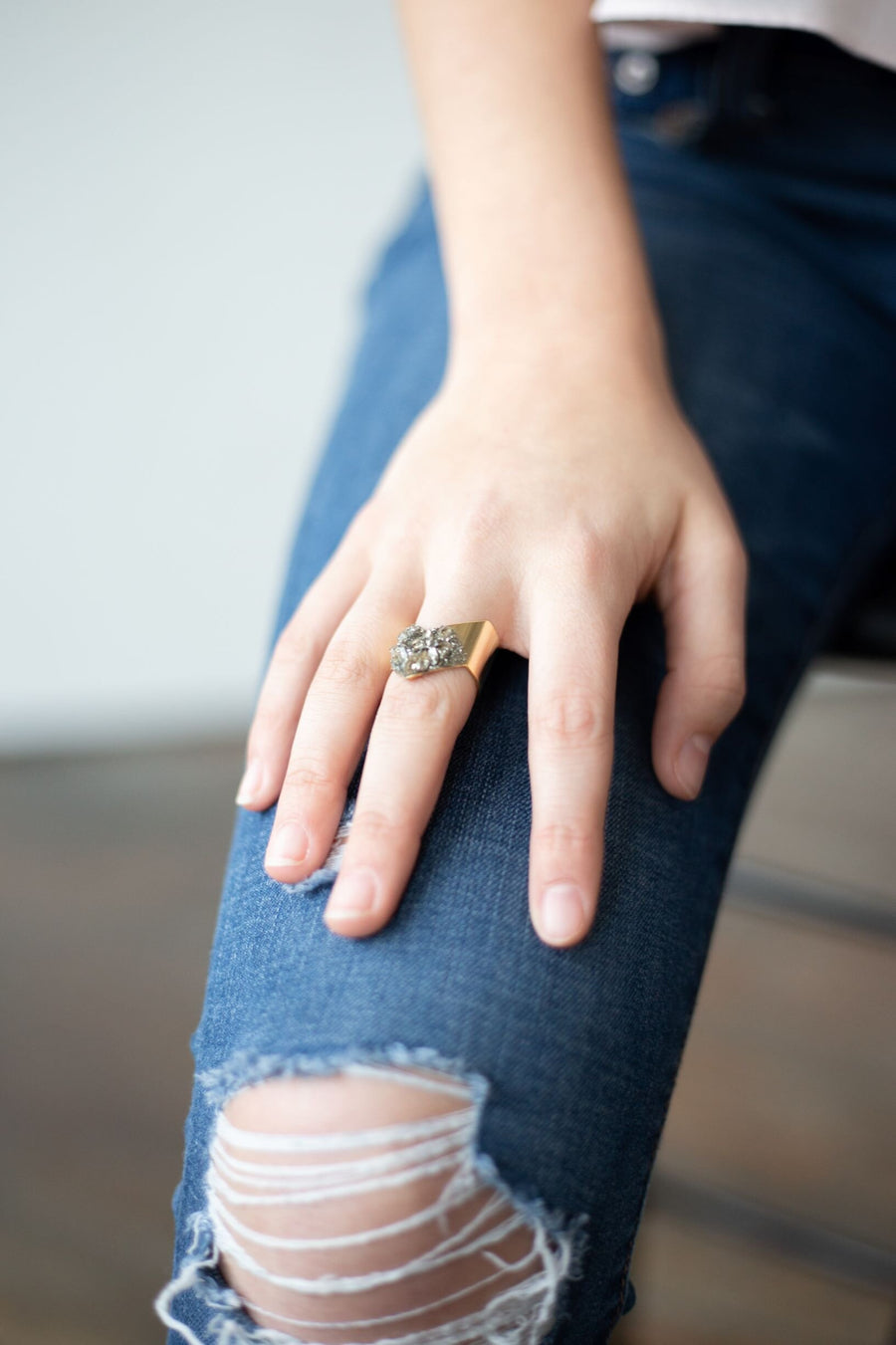 Adjustable Herkimer Diamond & Raw Quartz Gold Ring