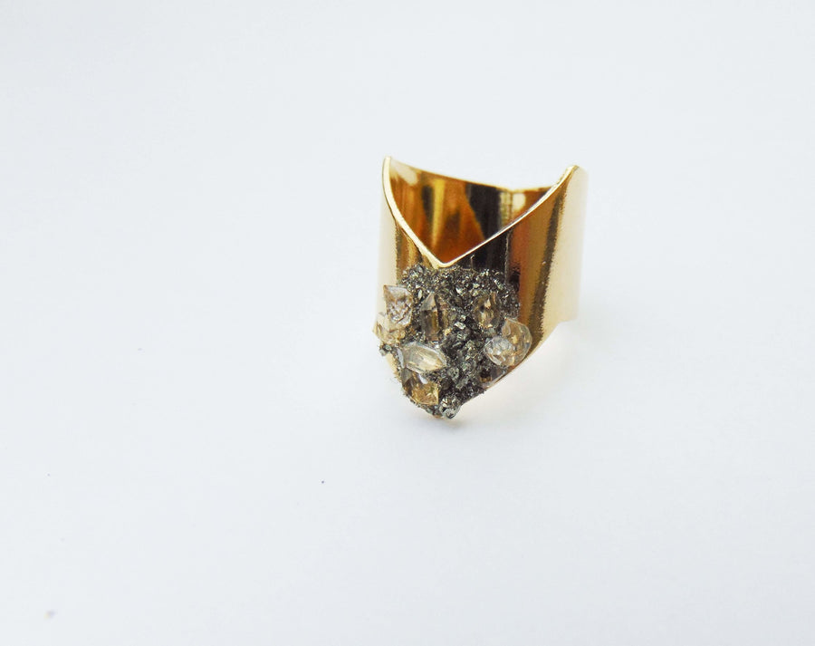 Adjustable Herkimer Diamond & Raw Quartz Gold Ring