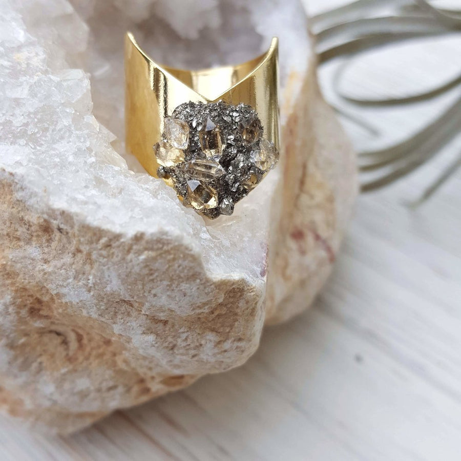 Adjustable Herkimer Diamond & Raw Quartz Gold Ring